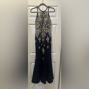 WORN ONCE JVN BY JOVANI NAVY HIGH NECK GOLD STITCHING DRESS - Size 2 SKU:532